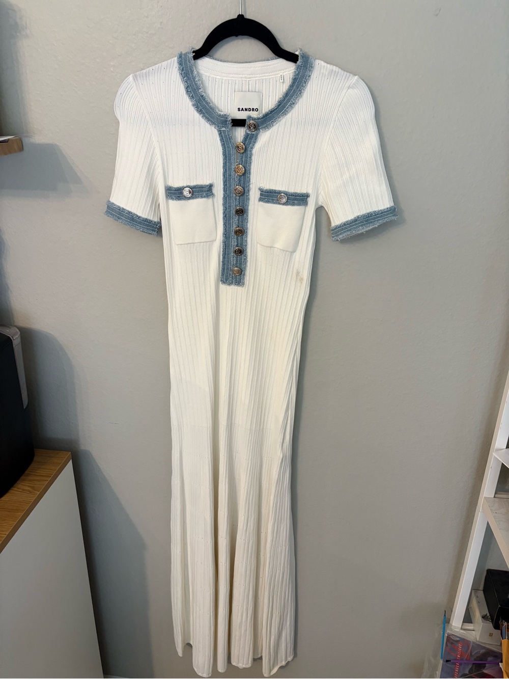 Sandro White Ribbed Knit Midi Dress with Denim Trim WITH FLAW - Picture 2 of 9